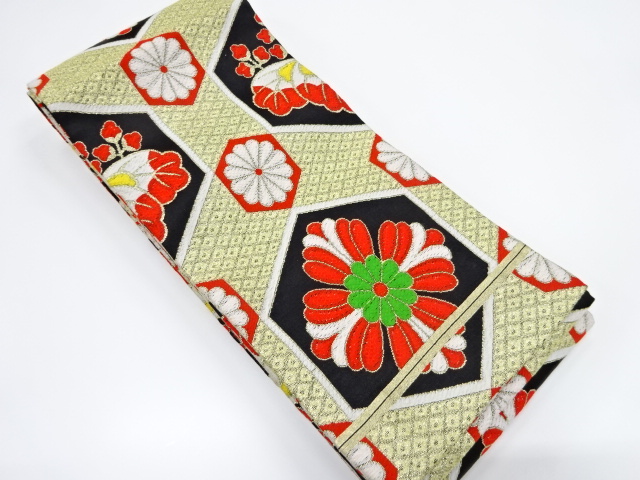 亀甲に花模様織り出し子供帯：リサイクル・アンティーク着物の